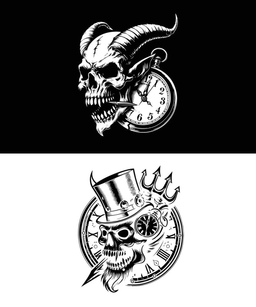 two different designs for a clock and a skull vector