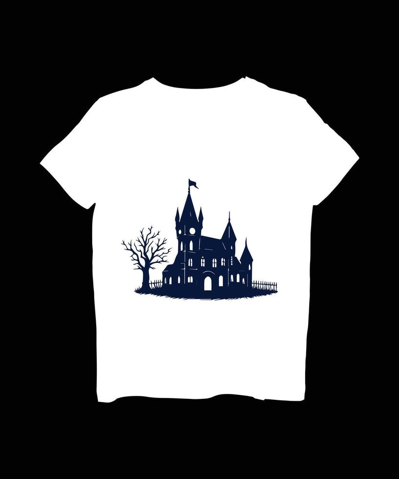 a white t - shirt with a castle silhouette vector