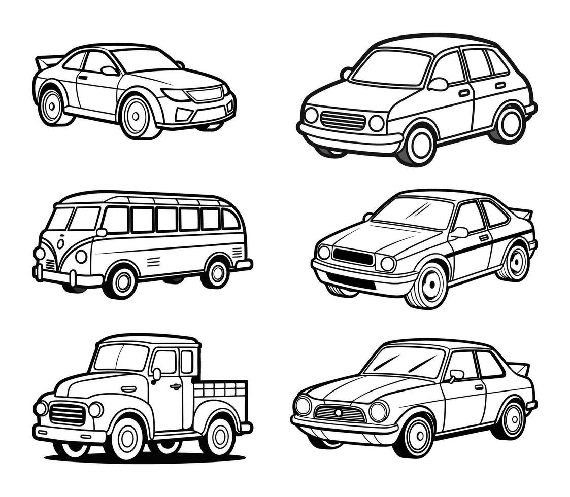 A Set of Black and White Line Art Car and Bus Icons vector