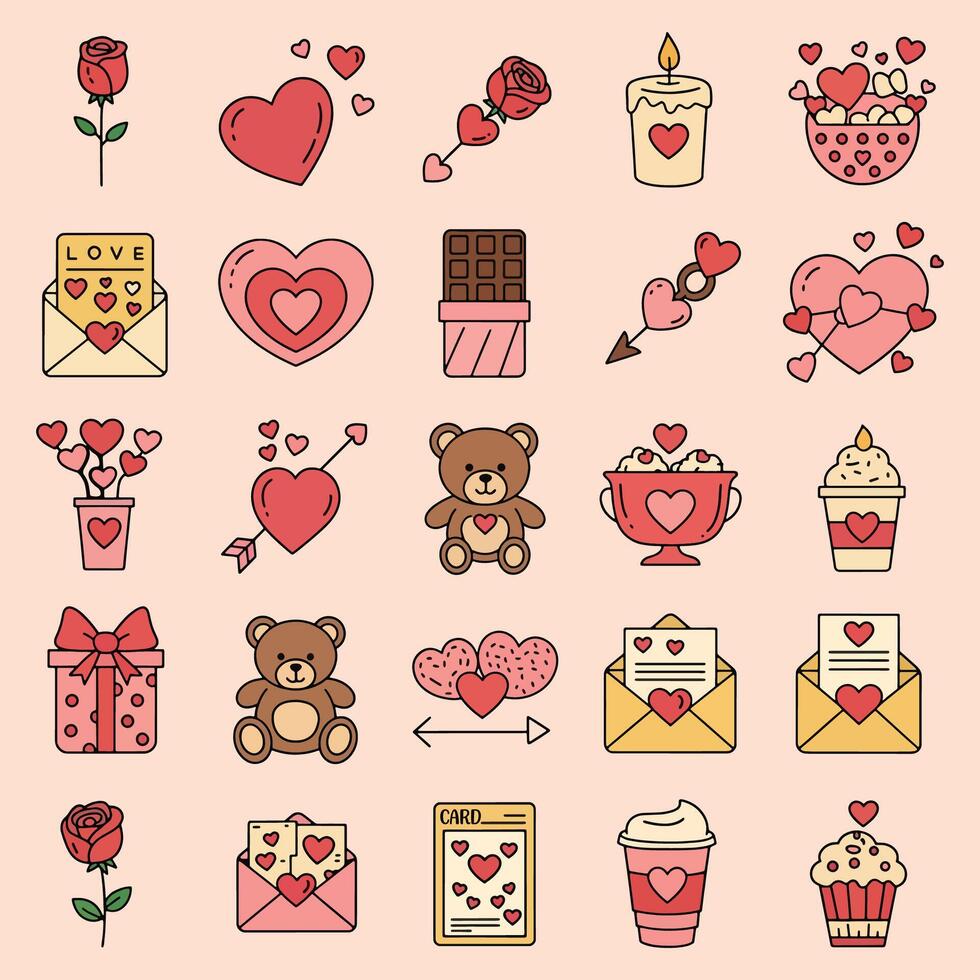 Flat Line Valentine Day Icons Set vector