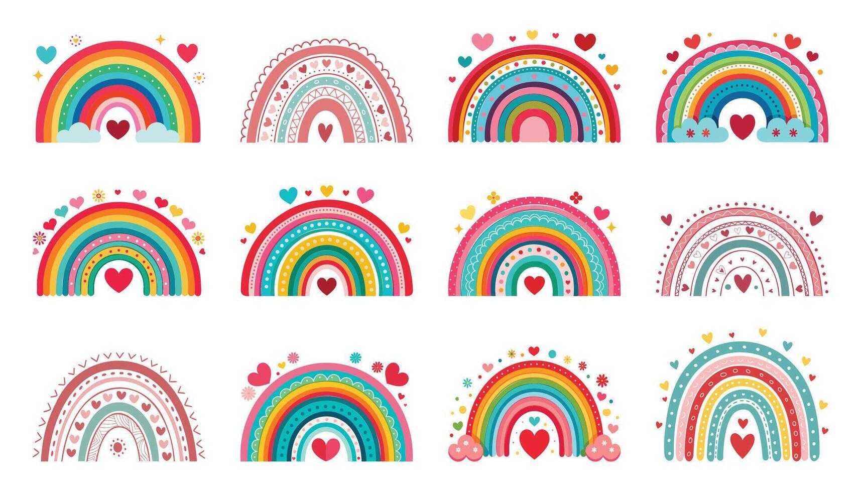 A Set of Rainbow Illustrations with Hearts and Patterns vector