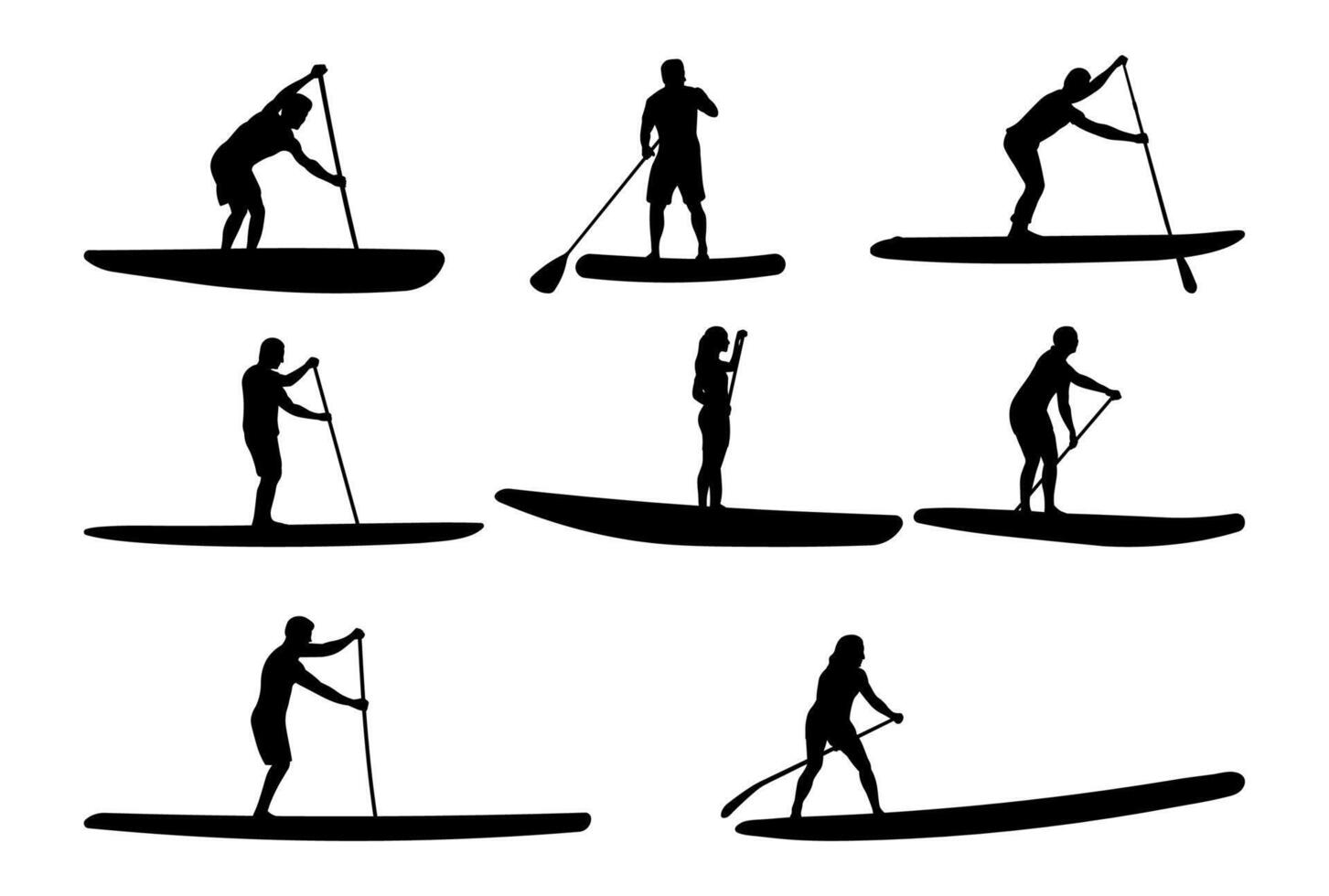 Set of standing on a paddle board silhouettes vector