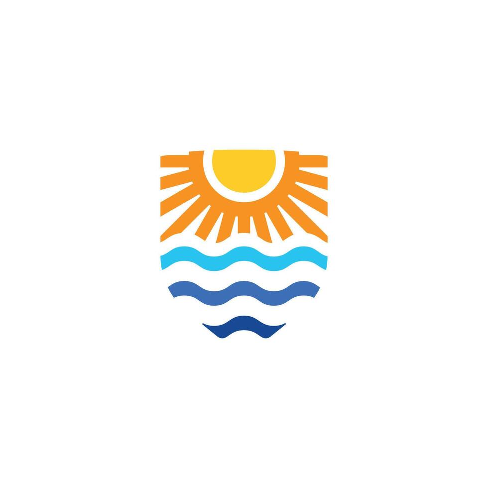 Sea shield logo with modern concept in cheerful color. Combination of Beach and Shield Logo Design vector