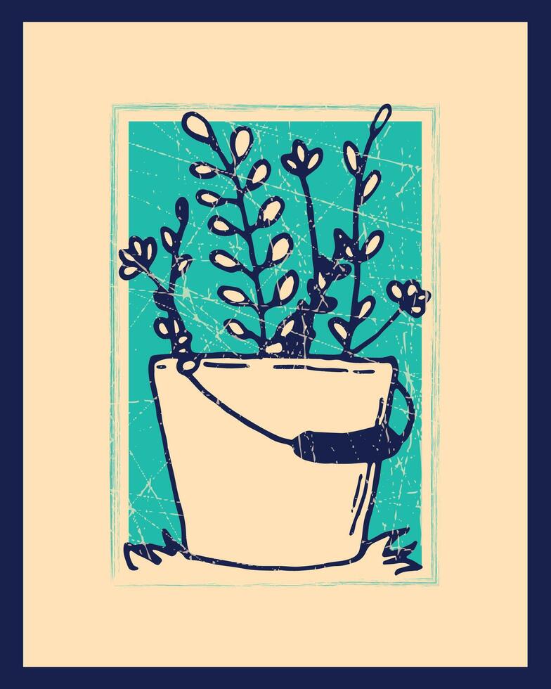 Rustic Print of a Potted Plant in Vibrant Teal and Beige Colors vector