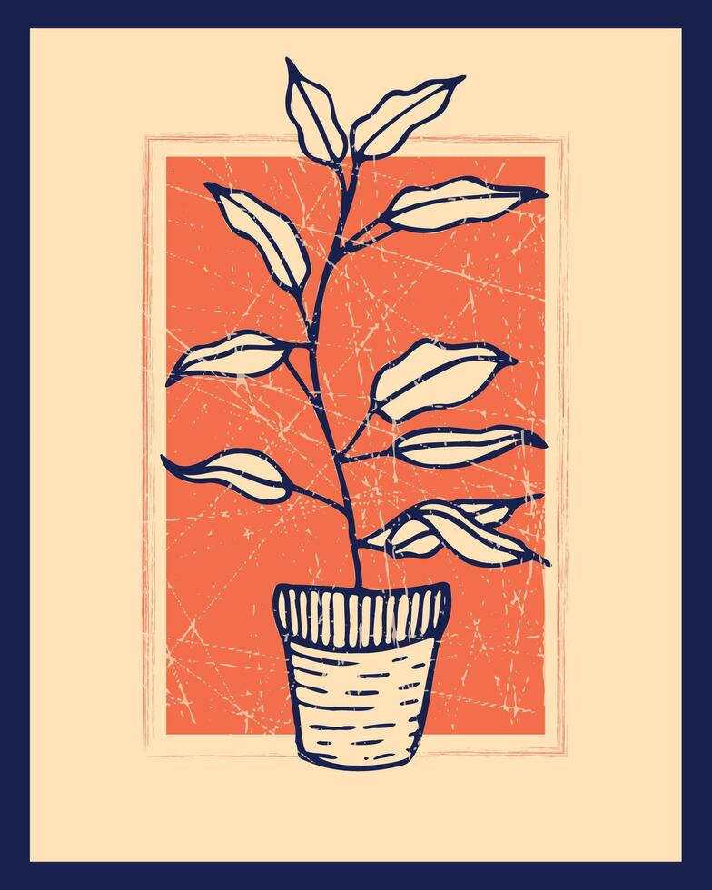 Stylized Botanical Sketch of a Plant in a Pot Against Orange Background vector