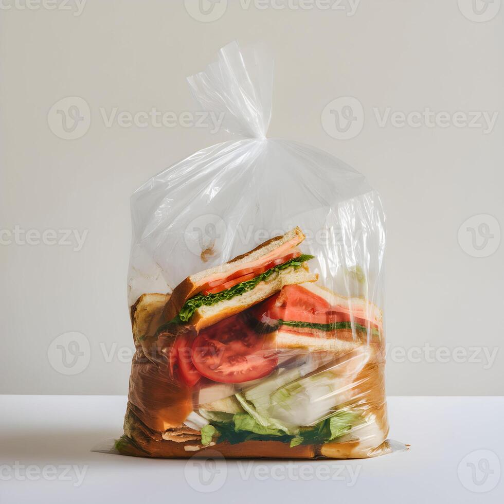 Plastic trash bag with sandwich remnants against plain white background For Social Media Post Size photo