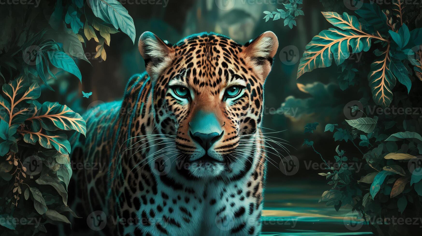 A leopard in the jungle with green leaves photo
