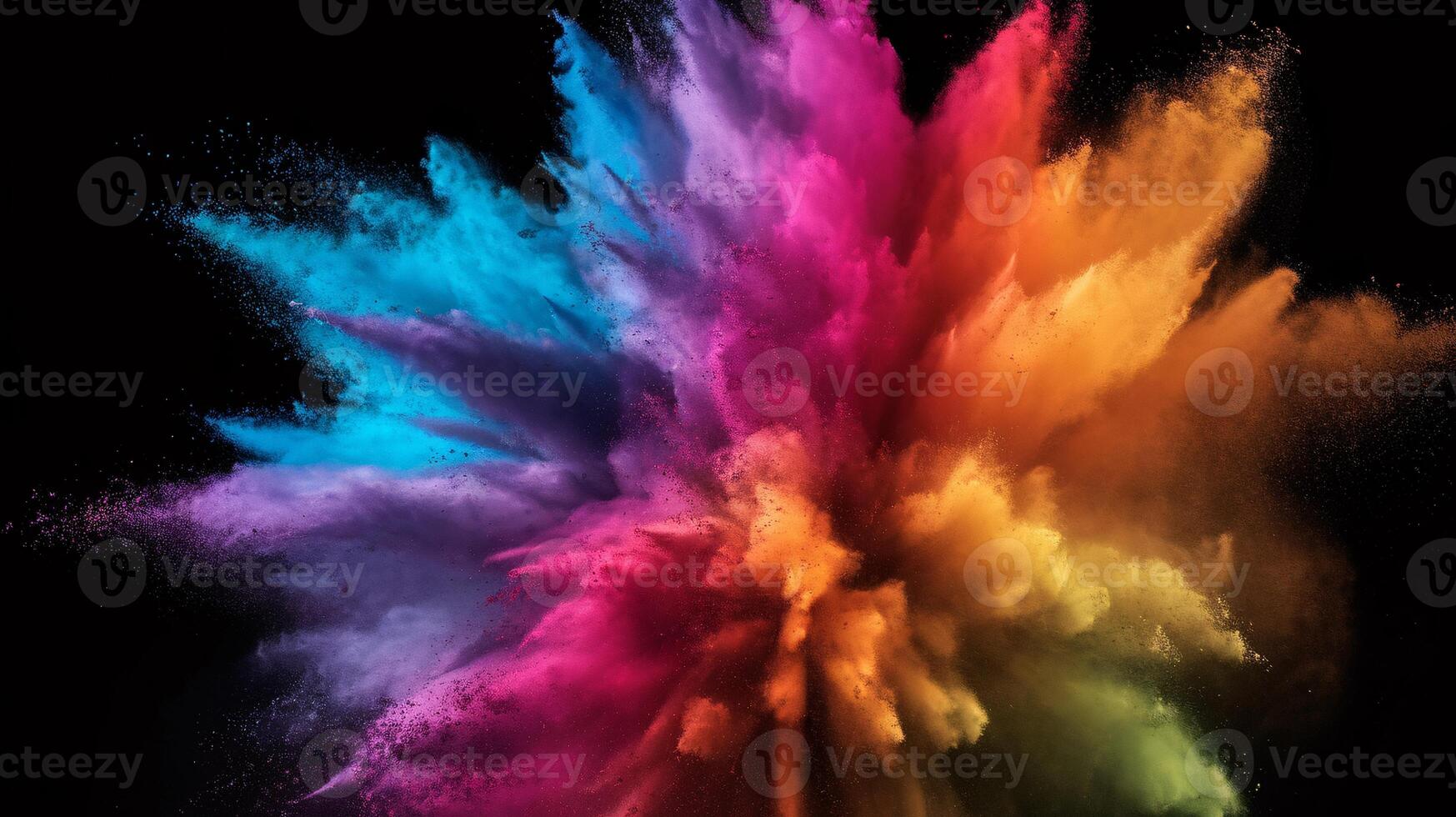 Vibrant explosion of colorful powders creating a stunning visual display against a black background. photo