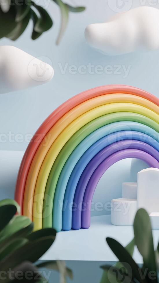 Colorful rainbow sculpture on a pastel blue background with decorative clouds and foliage. photo