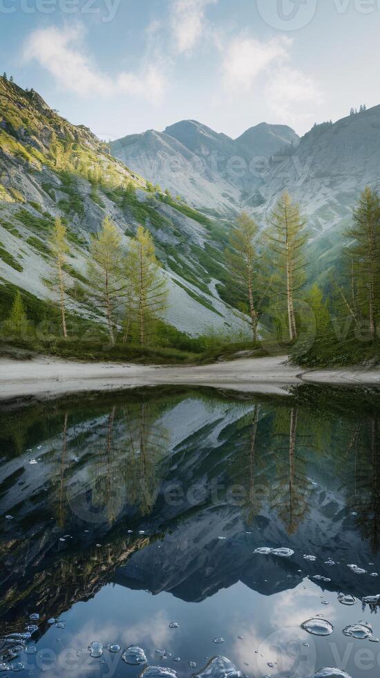Stunning mountain landscape reflected in a serene lake surrounded by lush trees. photo