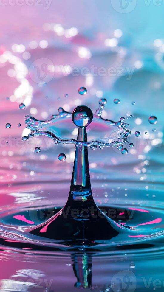 A stunning water droplet creates a splash against a colorful background in a dynamic display. photo