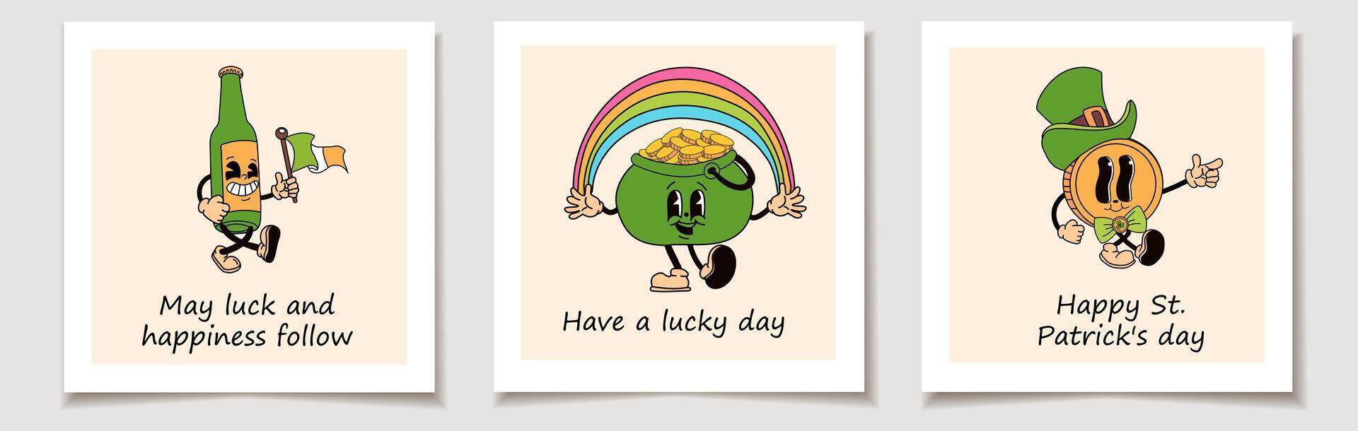 Set of St. Patrick's Day cards with cartoon characters designed as St. Patrick's Day mascots vector