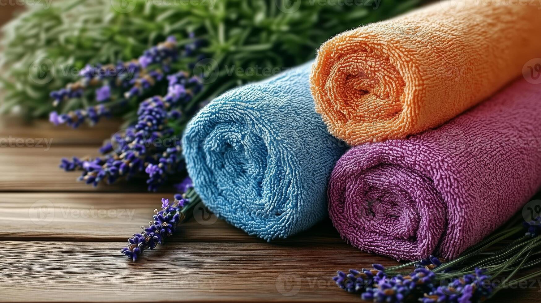 Colorful Rolled Towels with Lavender Sprigs on Wooden Surface photo