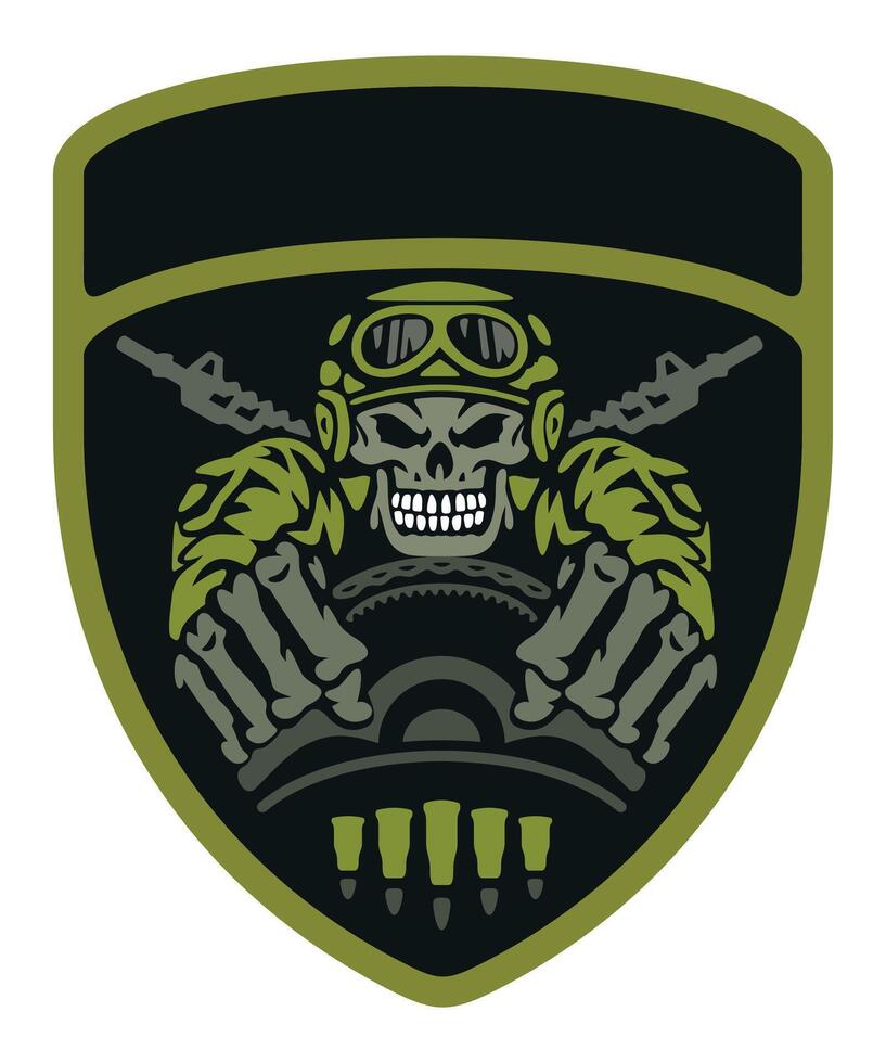 military army black chevron military driver with skull in military helmet and goggles with hands gripping steering wheel vector