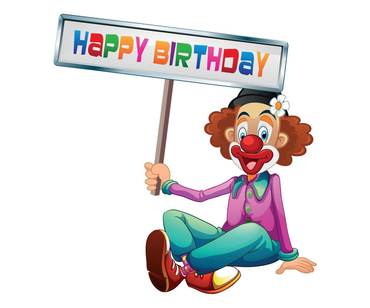 sitting clown with happy birthday sign on white background vector