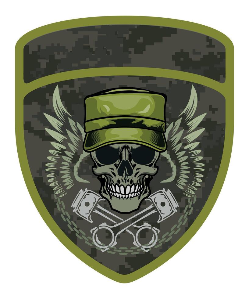 military army green chevron military driver with skull in cap and goggles with crossed engine pistons and wings vector