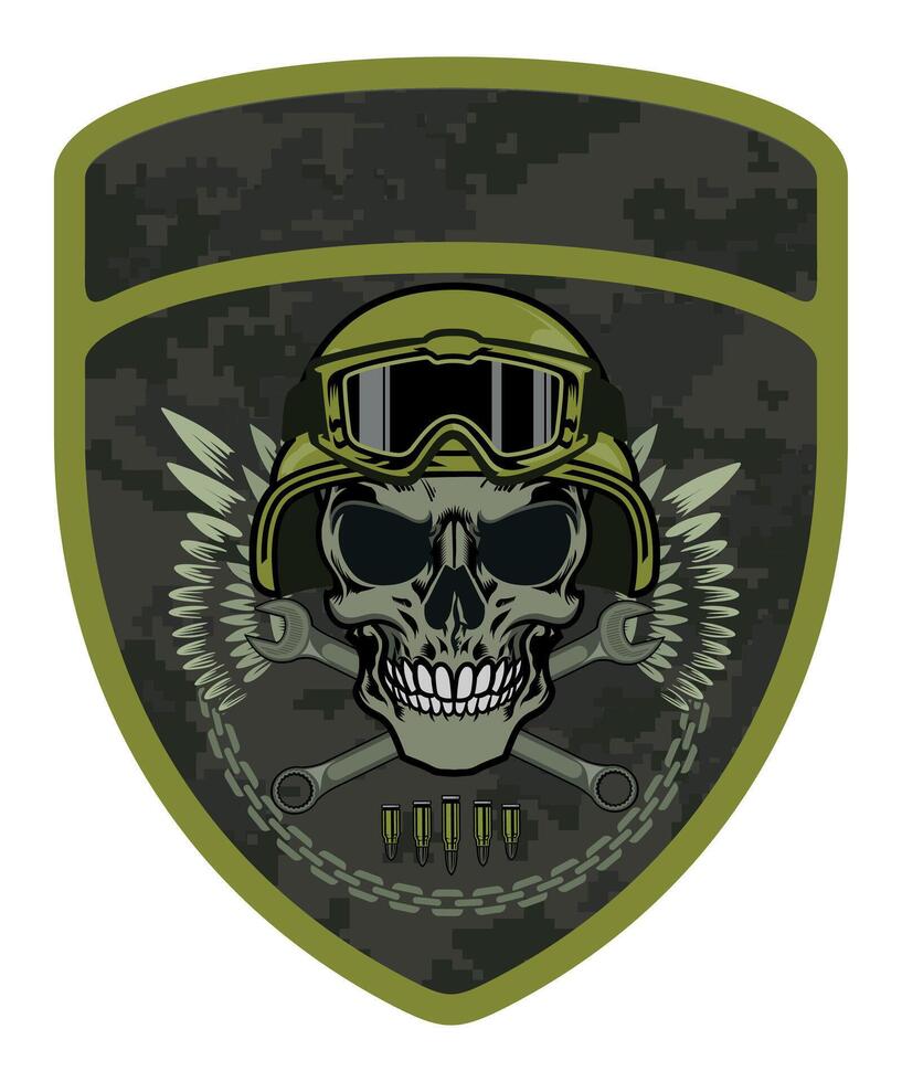 military army camouflage chevron military driver with skull in cap and goggles with crossed wrenches and wings vector