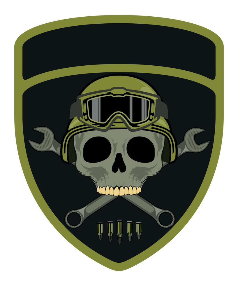 military army green chevron military driver with skull in helmet and goggles with crossed wrenches vector