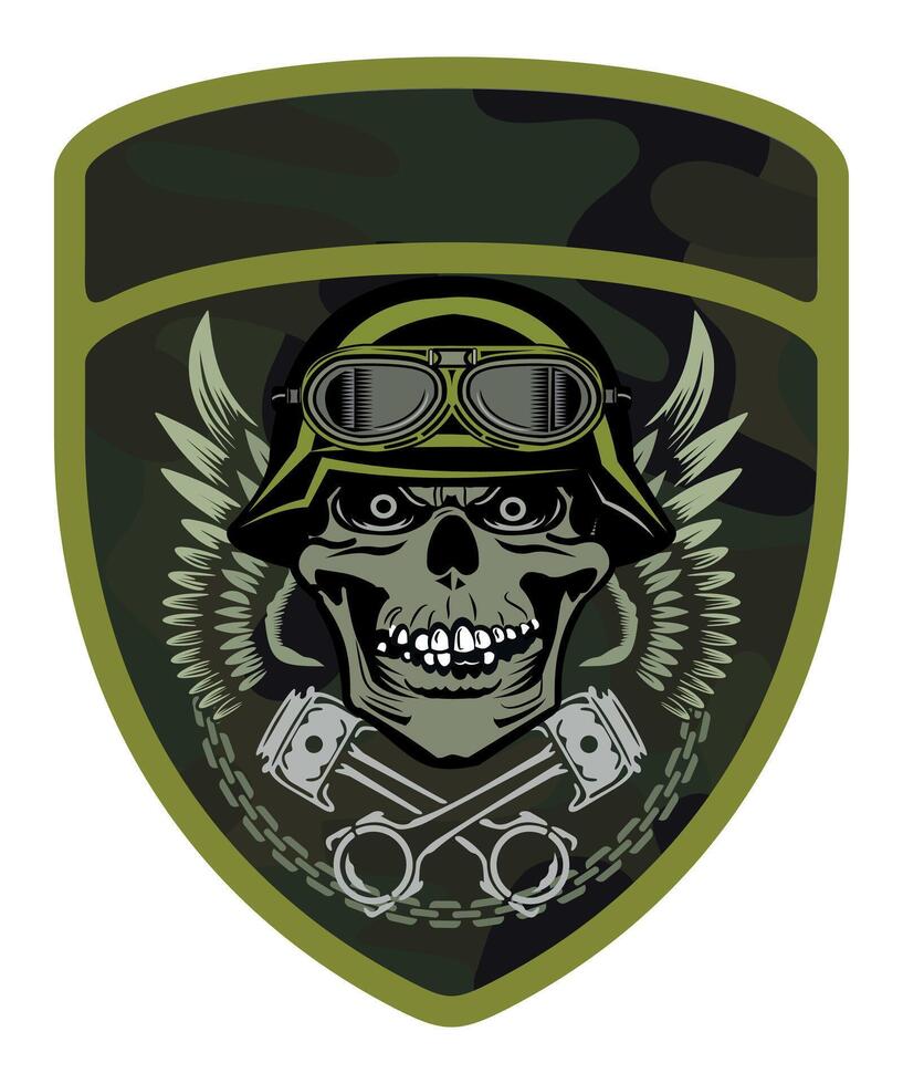 military army chevron military driver with skull in cap and goggles with crossed engine pistons and wings vector