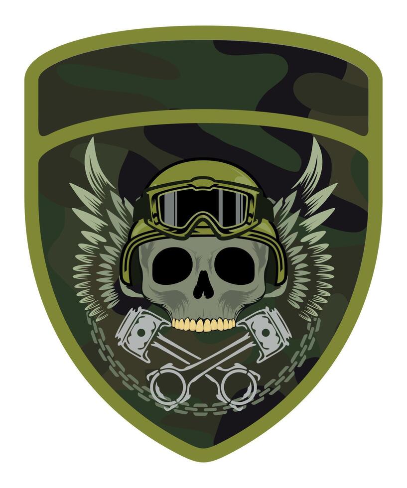 military army camouflage chevron military driver with skull in cap and goggles with crossed engine pistons and wings vector