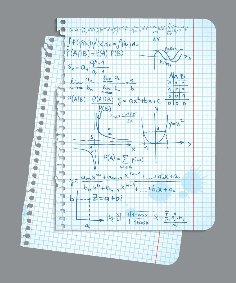 a torn sheet of graph paper with geometry formulas vector