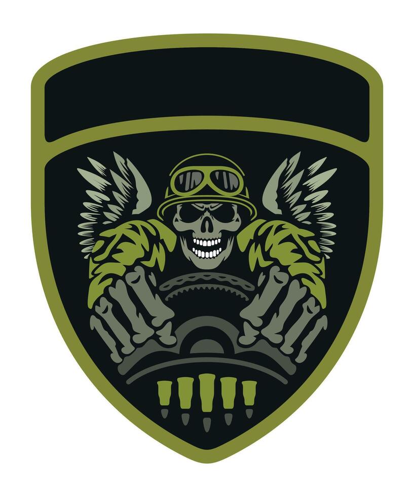 military army camouflage chevron military driver with skull in military helmet and goggles with hands clasped steering wheel and fenders vector