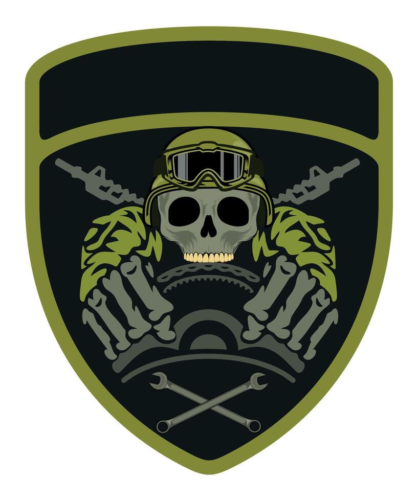 military camouflage chevron military driver with skull in military helmet and goggles with hands gripping steering wheel vector