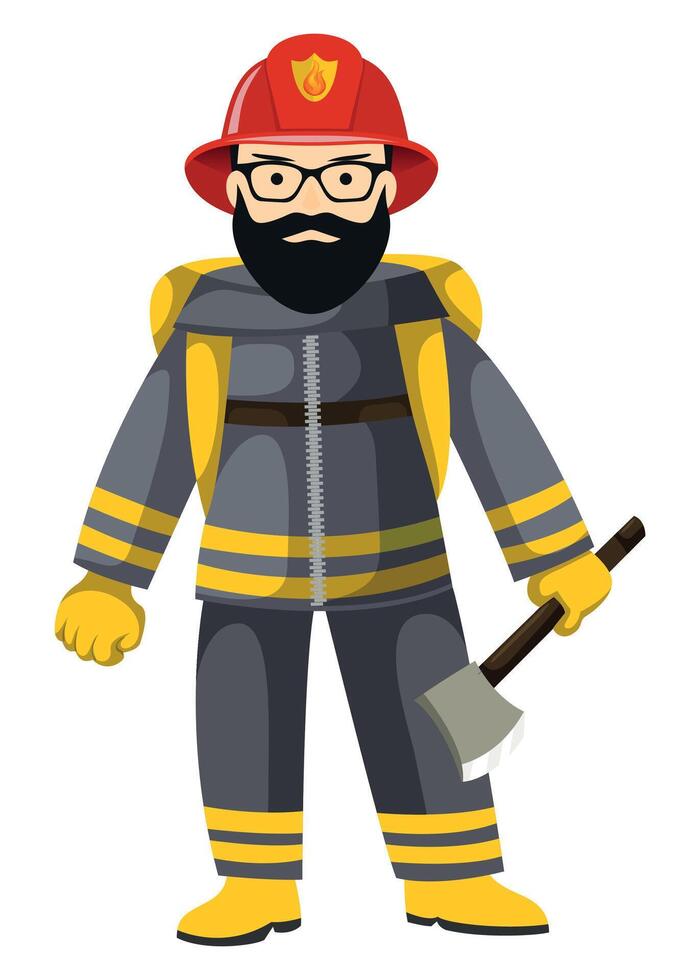 full length colored icon of a firefighter with an axe in a red helmet on a white background vector