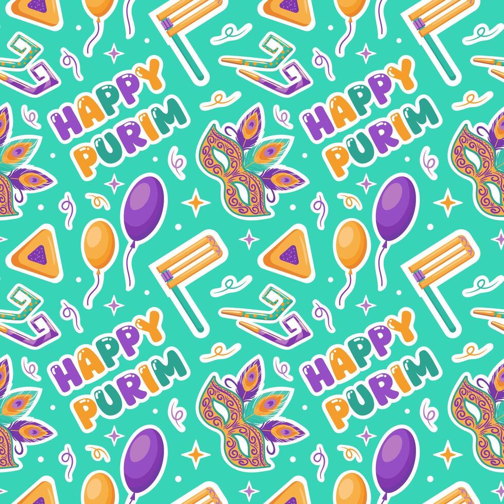 This seamless pattern for Happy Purim features delightful elements like Haman Klopfer, hamentashen, festive masks, and vibrant balloons, capturing the joy and celebration of this joyful Jewish holiday vector