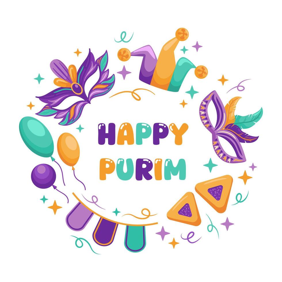 A vibrant illustration celebrating Purim, featuring colorful masks, a jester s hat, and delicious hamentashen pastries. Encircled in a round frame, it embodies joy and festivity of the holiday. vector