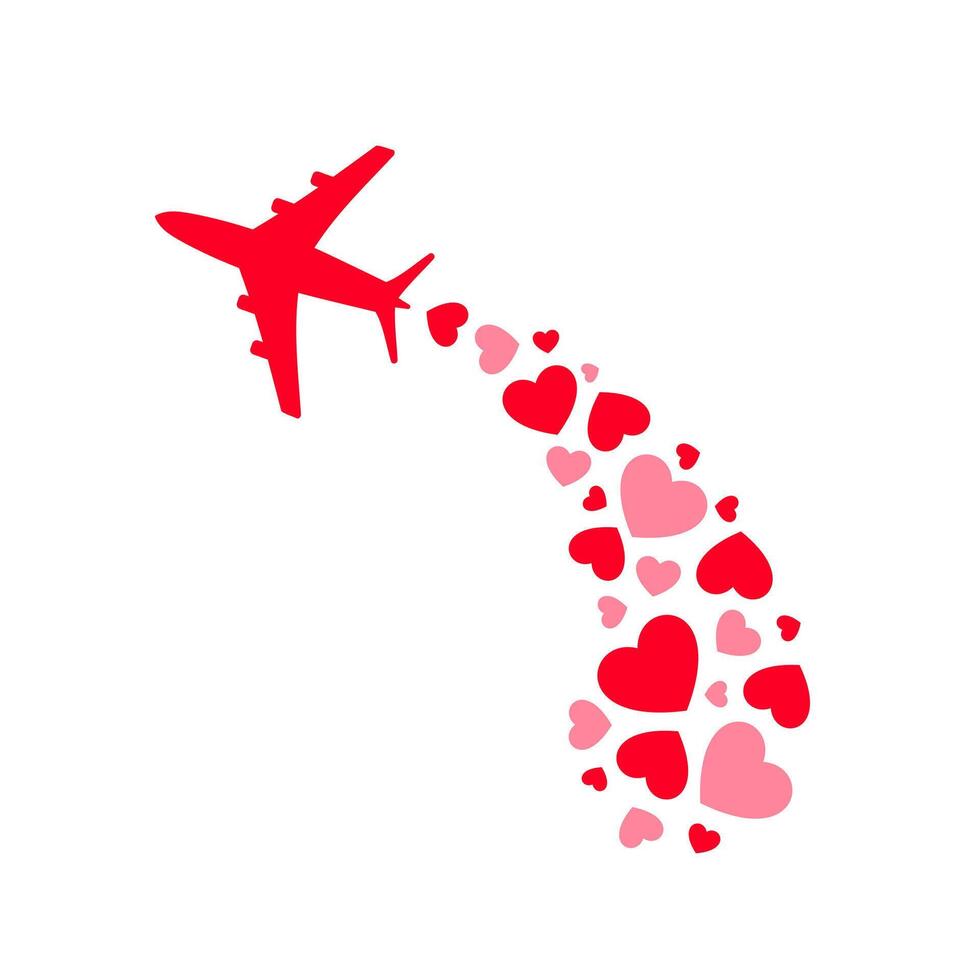 illustration features a charming airplane surrounded by hearts, symbolizing romance and adventure. Perfectly capturing the essence of a honeymoon, it embodies love, travel, and unforgettable memories. vector