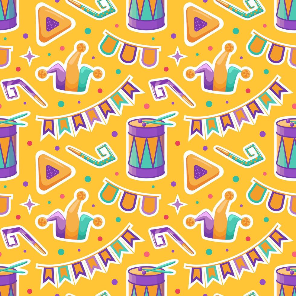 Create a vibrant illustration for Purim featuring a seamless pattern of hamentashen, festive garlands, jester hats, and drums, capturing the joyful spirit and traditions of this lively holiday vector