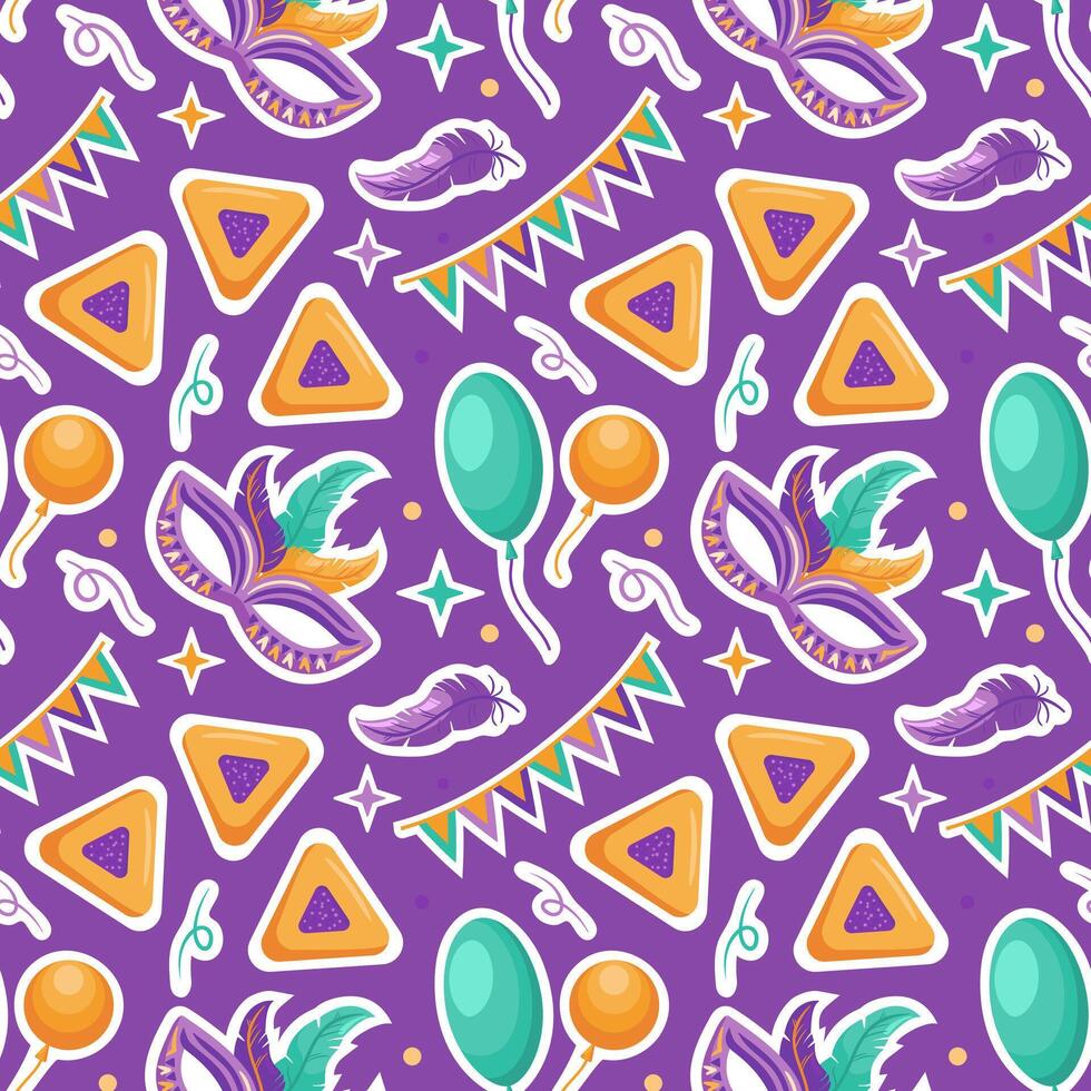 illustration for Purim featuring a seamless pattern of hamentashen, masks, festive garlands, and colorful balloons, embodying the lighthearted spirit and joyful celebrations of this holiday. vector