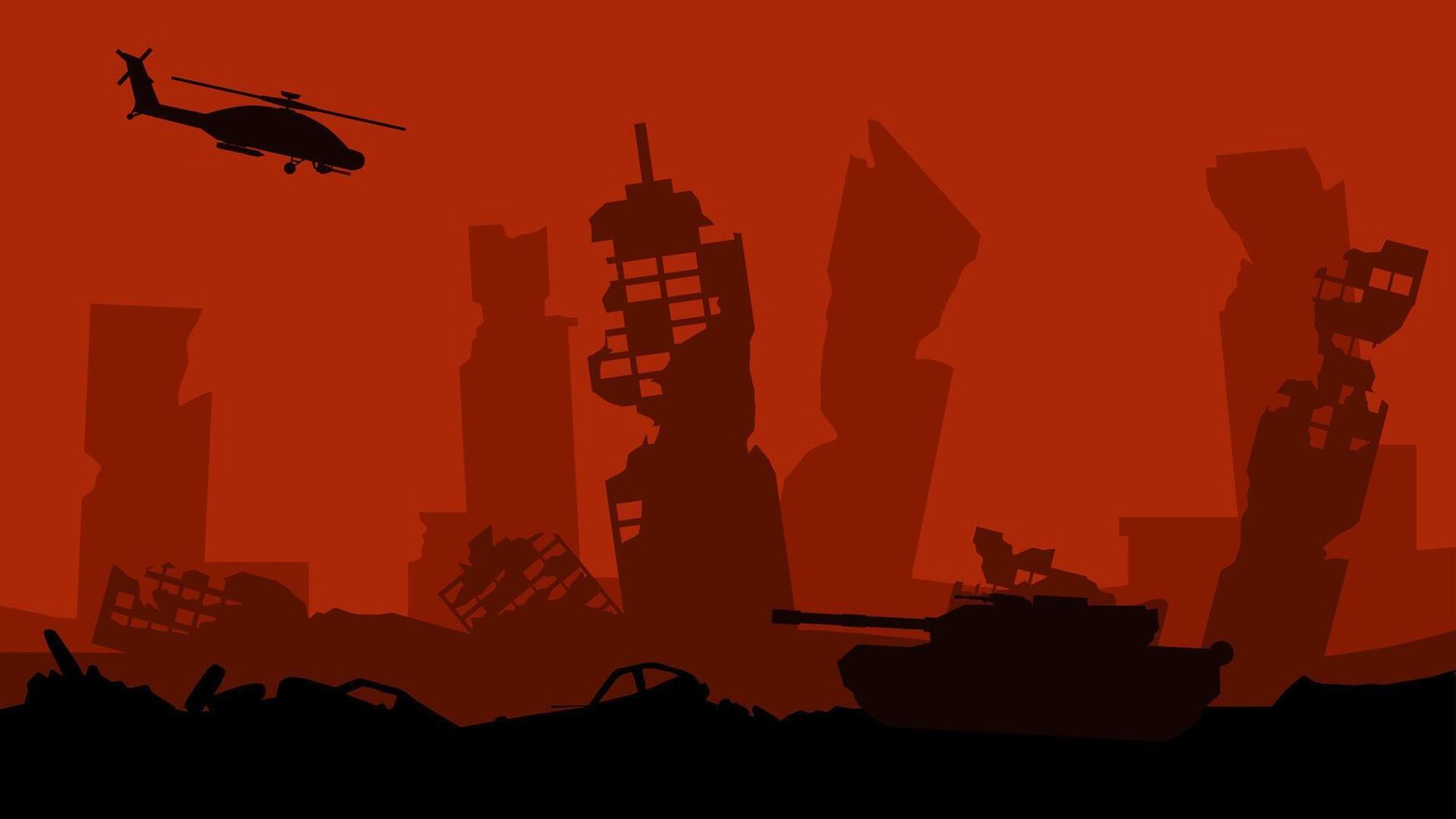 Silhouette of destroyed city in the battlefield landscape. Cityscape of aftermath war in the downtown area with city ruins. Illustration of urban apocalypse scene with helicopter and tank vector