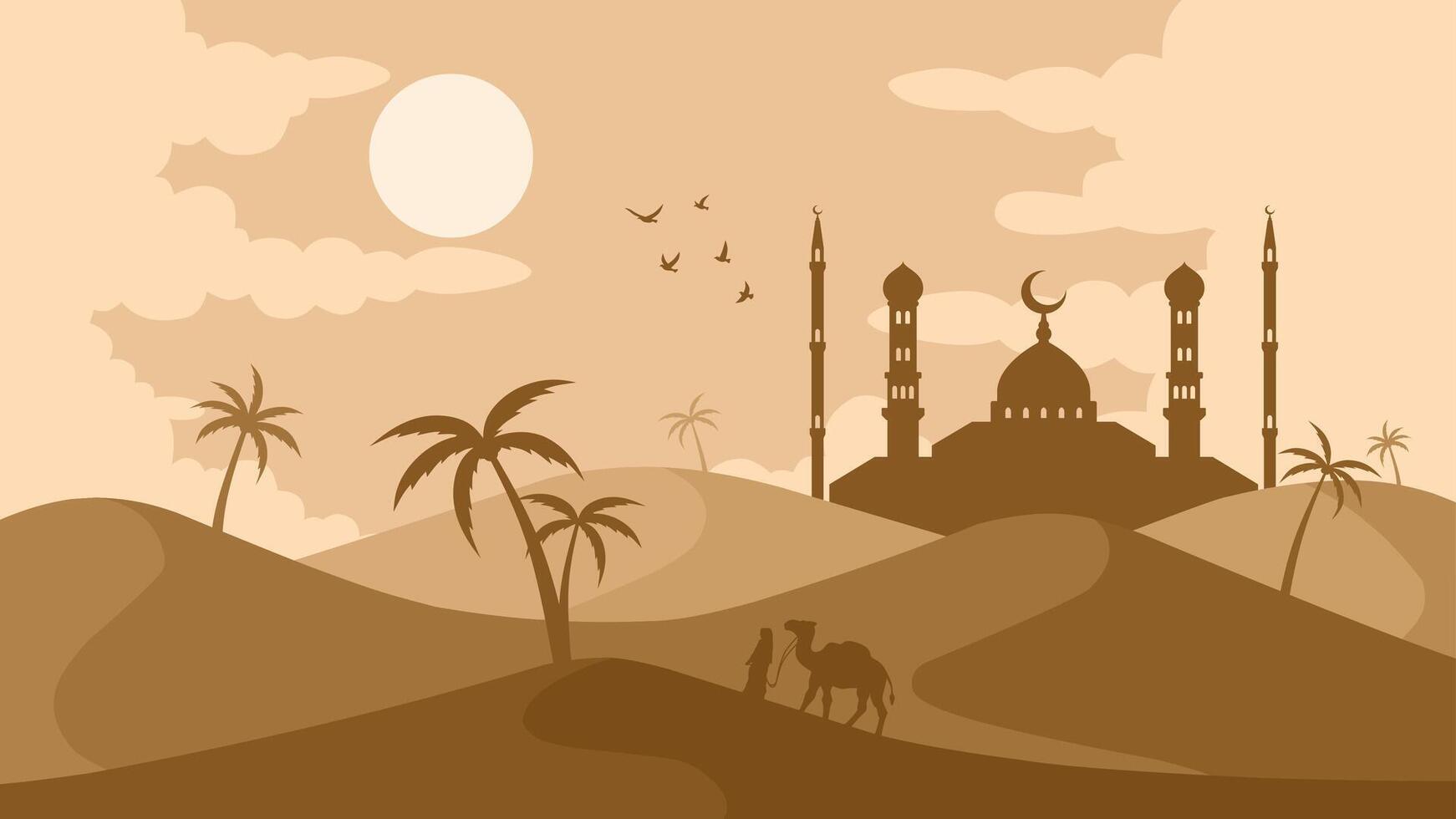 Landscape of mosque in the desert scenery for Ramadan. Panoramic view of sandy desert with muslim walking alongside camel. Illustration of scenic arabian desert for Ramadan Mubarak celebration vector