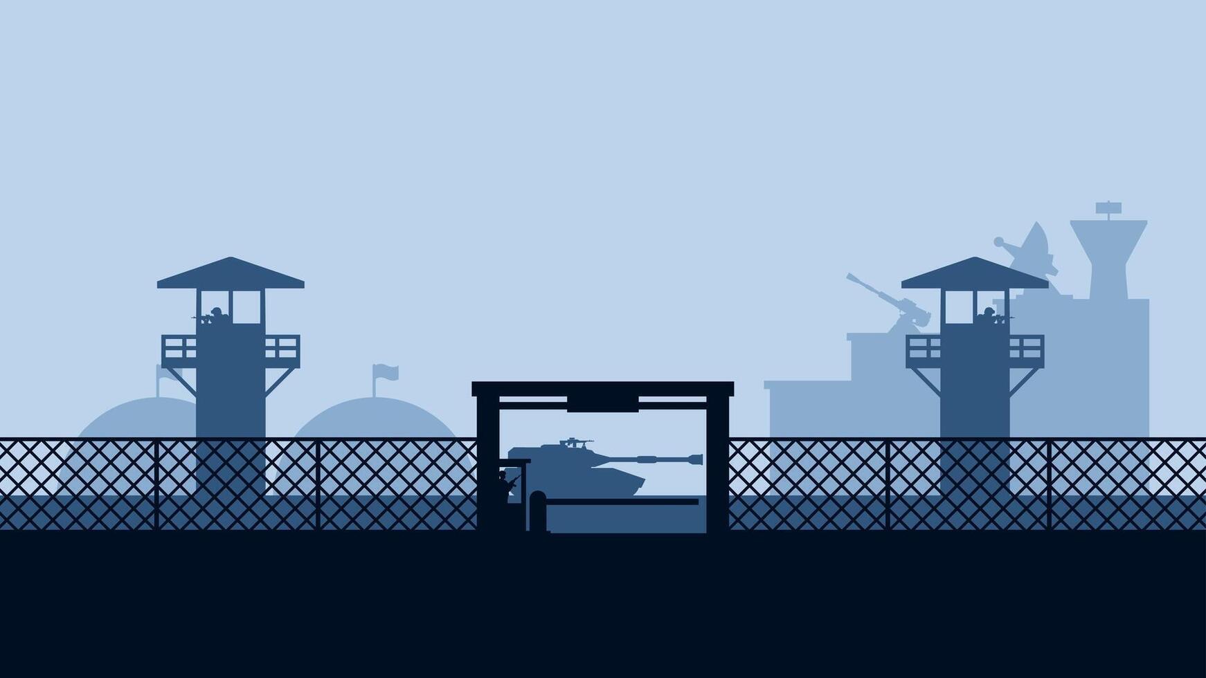 Landscape silhouette of military base scenery. Panoramic view of headquarter with military building and hangar. Illustration of scenic military bunker with tank and watchtower vector