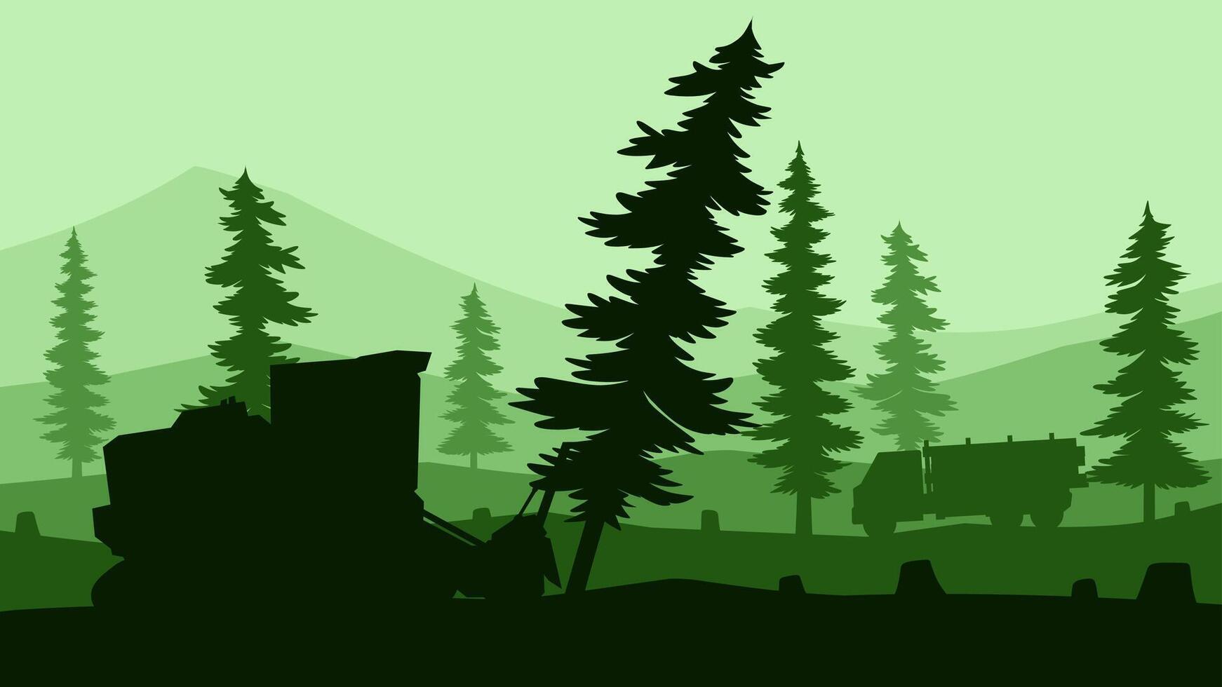 Landscape silhouette of illegal logging in a pine forest. Panoramic view of deforestation with bulldozer and forestry truck. Illustration of coniferous forest with illegal tree cutting activity vector