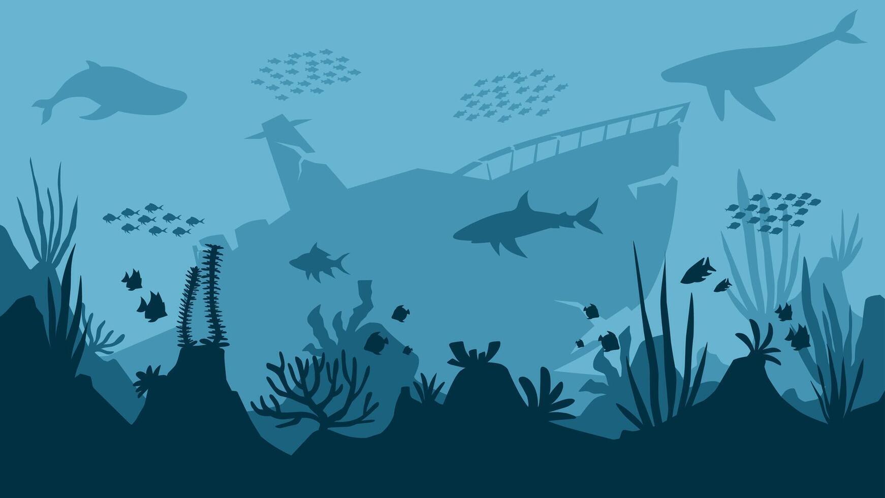 Underwater landscape of shipwreck with coral reefs scenery. Panoramic view of undersea with fishes and sunken ship. Illustration of scenic seascape with aquatic ecosystem and marine vegetation vector