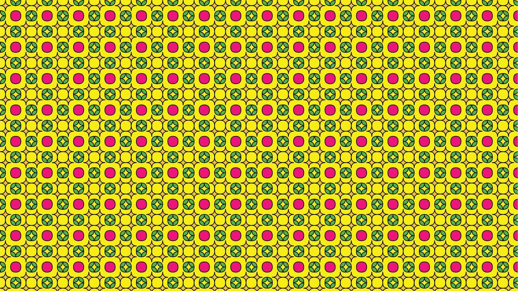Vibrant geometric seamless pattern featuring repeating yellow, green, and pink bold shapes. Abstract and modern design suitable for backgrounds, textiles, and creative artistic projects. vector