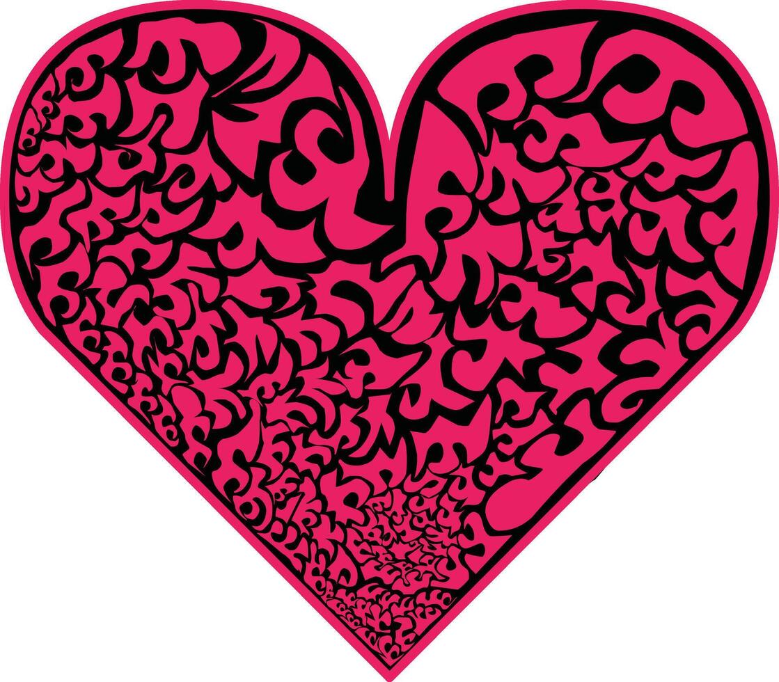 Heart-shaped graphic in vibrant pink and black abstract patterns, symbolizing love and creativity, suitable for Valentine's Day or romantic designs. vector