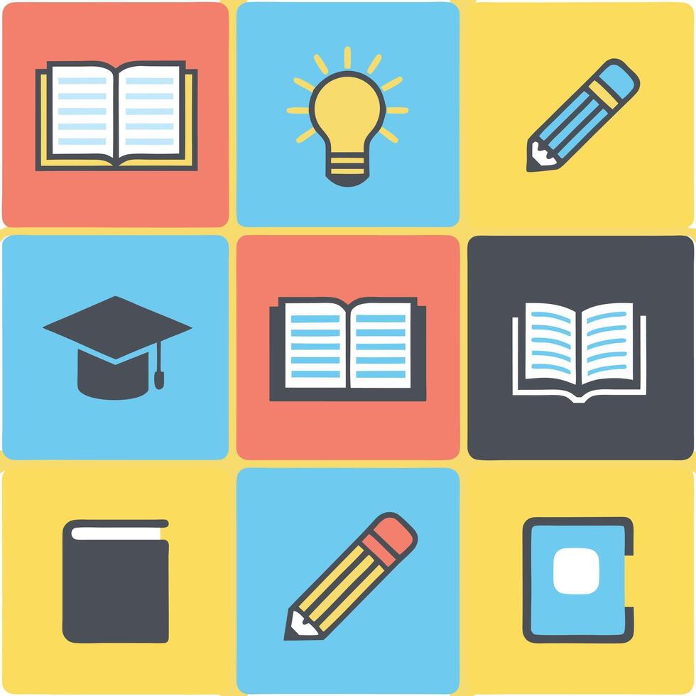 Education Learning Icons Books, Pencils, Lightbulb, Graduation Cap Academic Illustration vector
