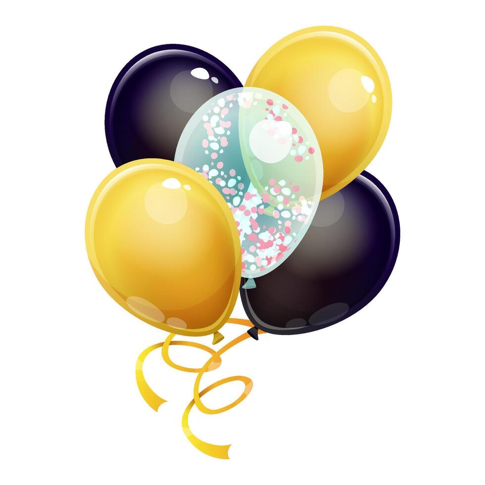 Bouquet, bunch of transparent, golden and black balloons and gold ribbons, serpentine, confetti. Elements isolated vector