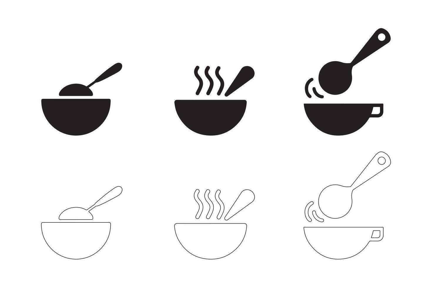 Soup Bowl Icons Simple Clean and Smooth Solid and Outline Styles vector