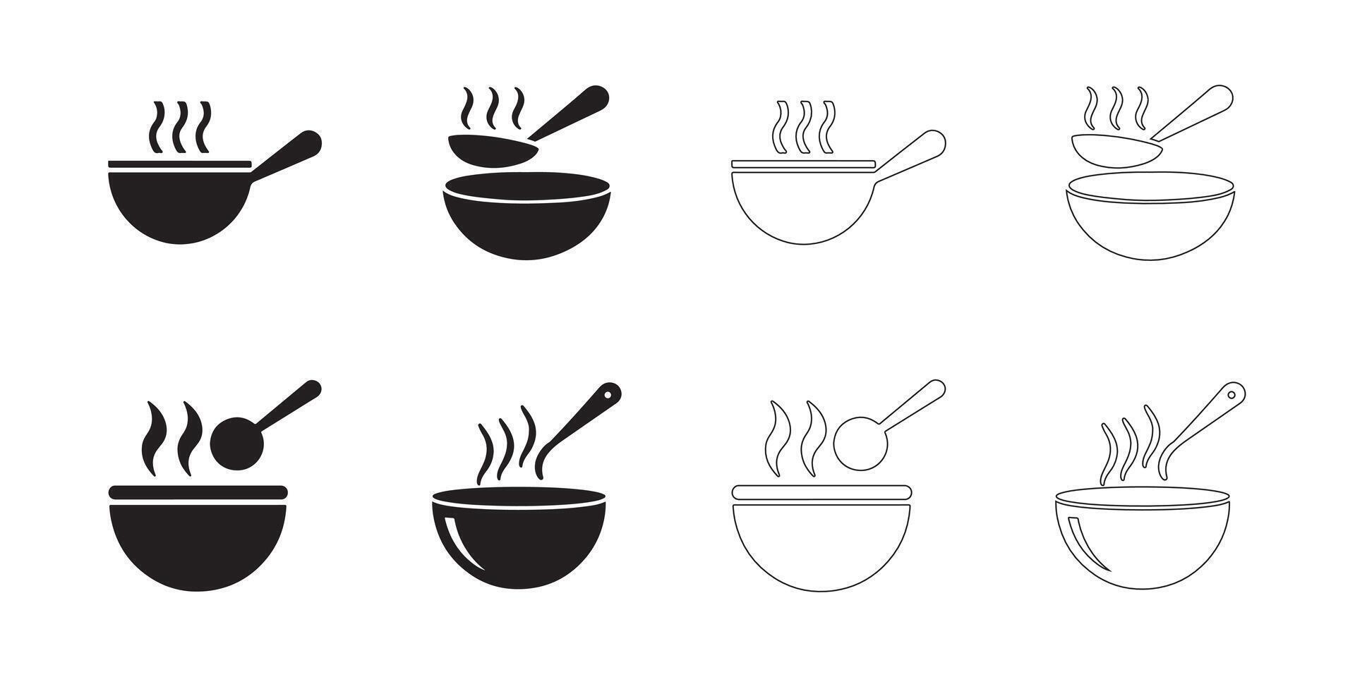 Soup Bowl Icons Set Solid and Outline Styles in Black on White vector