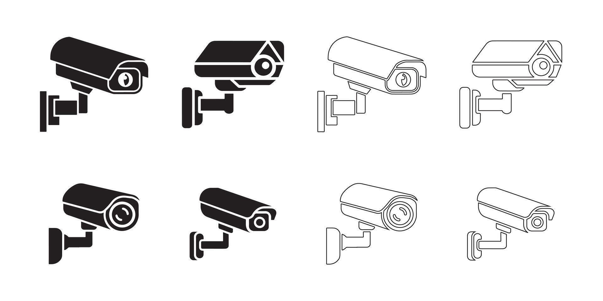 Security Camera Icons Set Solid and Outline Styles in Black on White vector