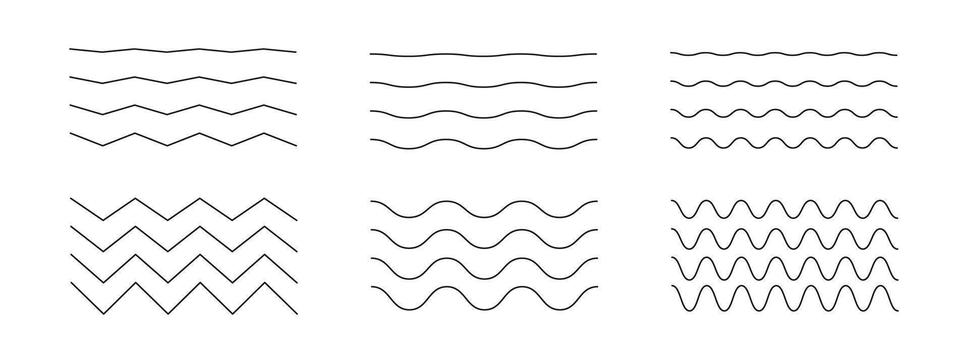 Wavy, curvy, zigzag lines set. Undulate borders, transverse horizontal line. Sine, fluid, air, wind signs. Water, river, lake, sea, ocean symbol. Wave ornament pattern. vector