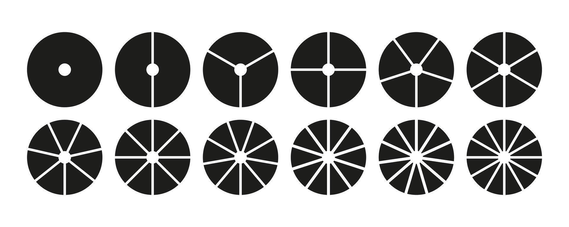 Circle division from 1 to 12 on equal parts. Wheel round divided diagrams with segments. Infographic set. Coaching blank. Circle section graph. Pie chart icons. Geometric elements. vector