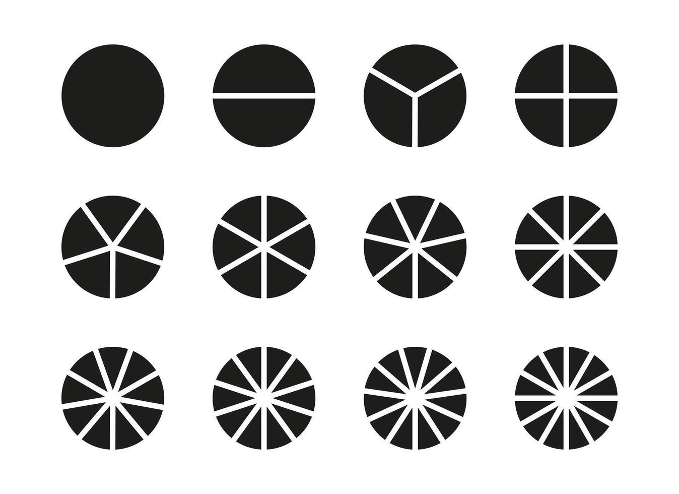 Pie chart template. Diagram wheel parts from 1 to 12. Sectors divide the circle on equal parts. Coaching blank. Black minimalist graphics. Set of pizza, pie segmented charts. Segments flat infographic vector