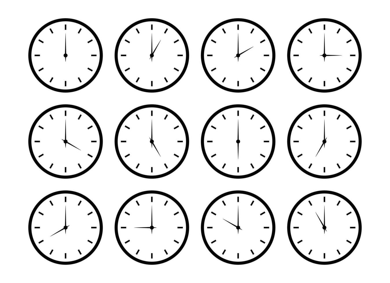 Set of clock icons. Round clocks faces with different time. Time graphic symbol isolated on a white background. Watch face flat graphic illustration. vector
