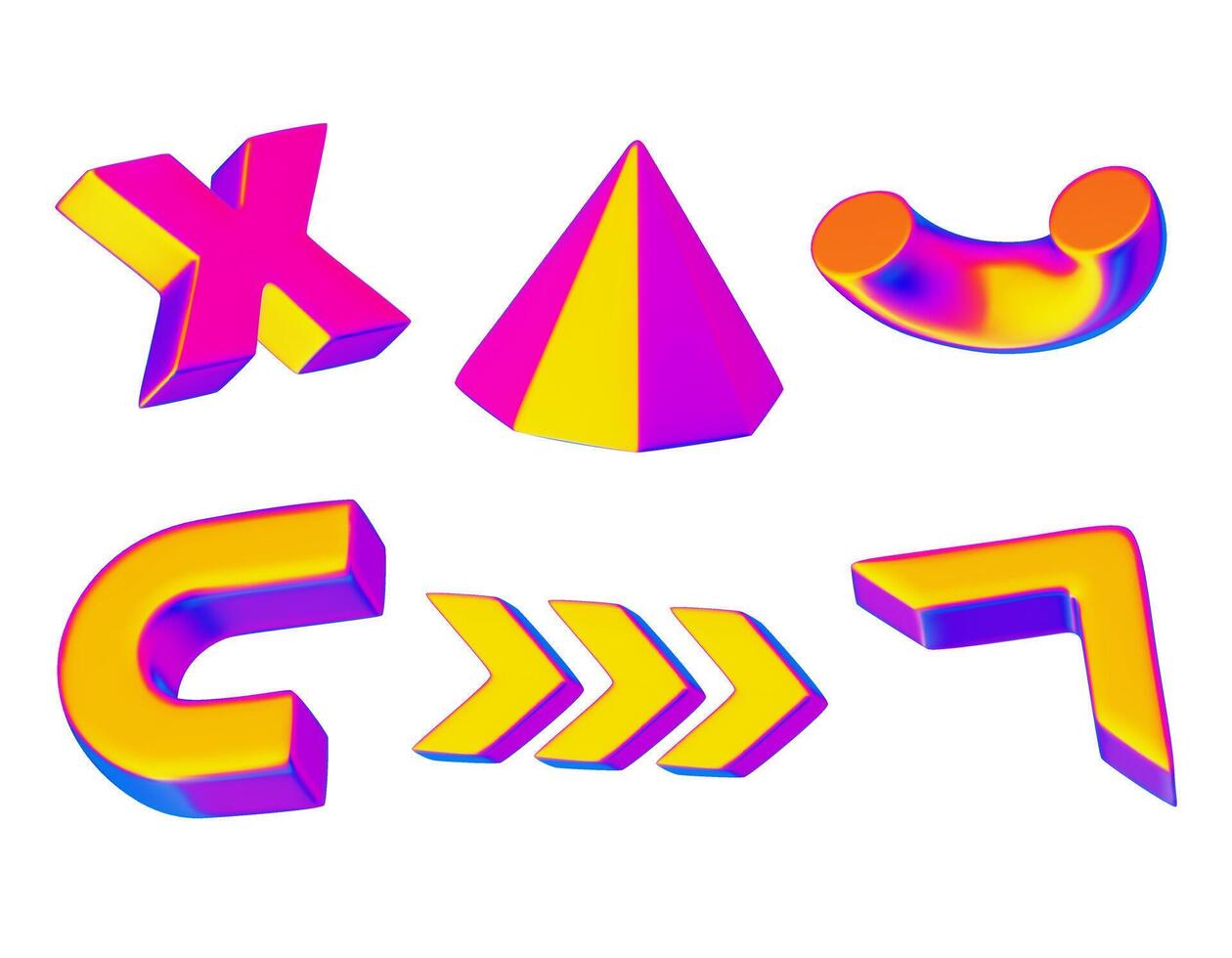 3D realistic render geometric figures. Vivid iridiscent design objects. Bright decorative shapes. Pyramid, Arrows, Cross, Half of torus. Isolated on a white background vector